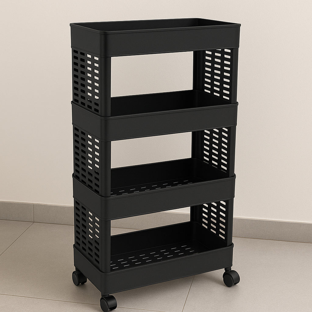 Storage trolley showing all four ventilated baskets from the front