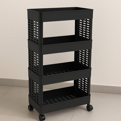 Storage trolley showing all four ventilated baskets from the front