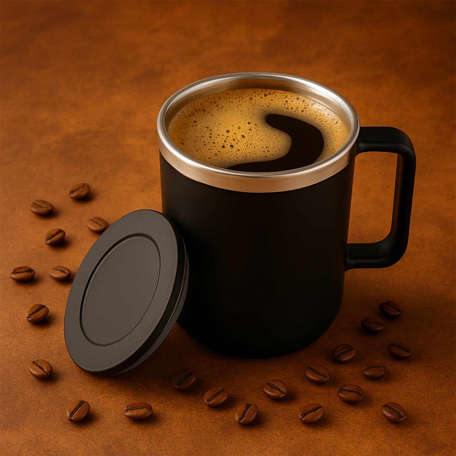 Side profile of the insulated mug showing the handle