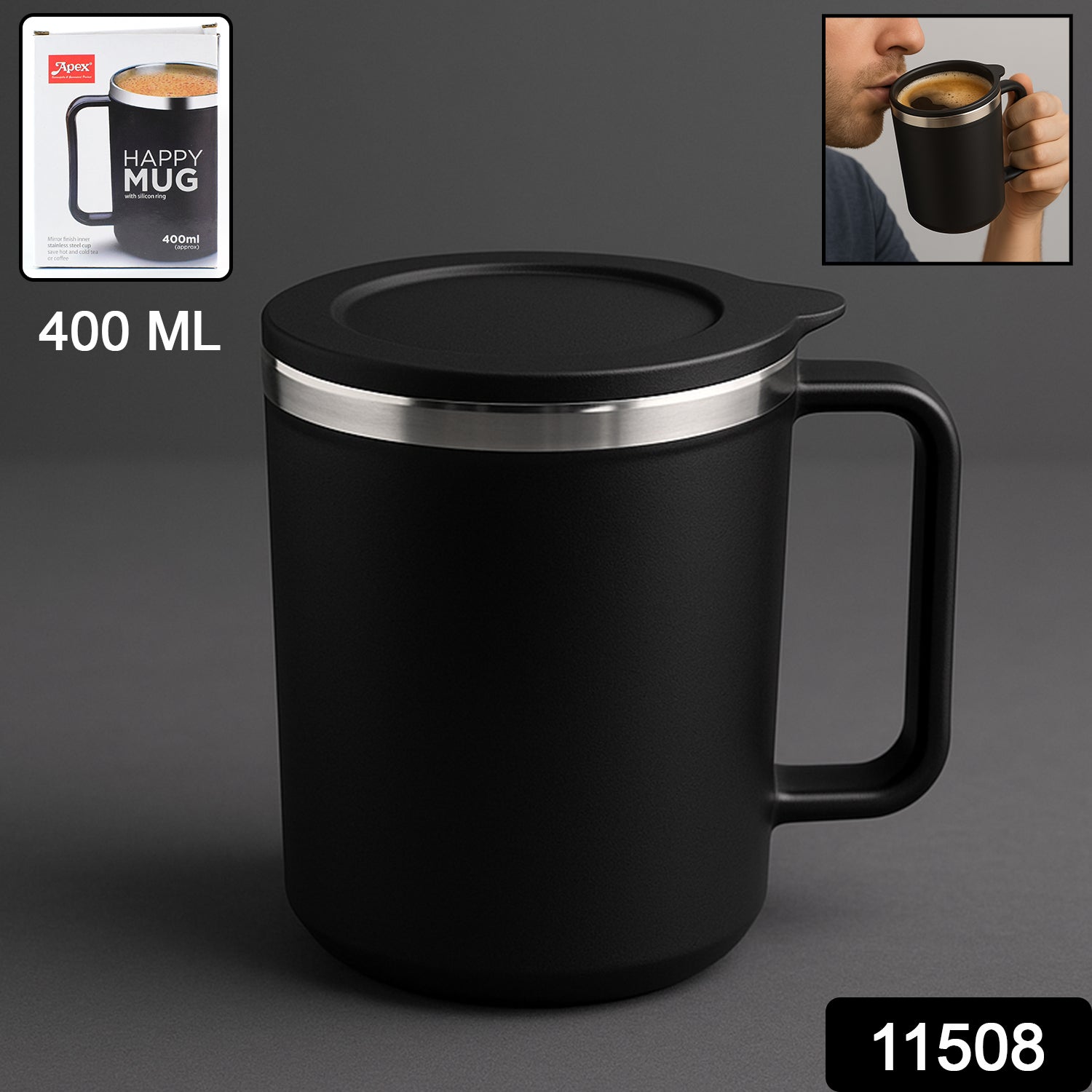 Double-wall insulated coffee mug in black with silicone lid