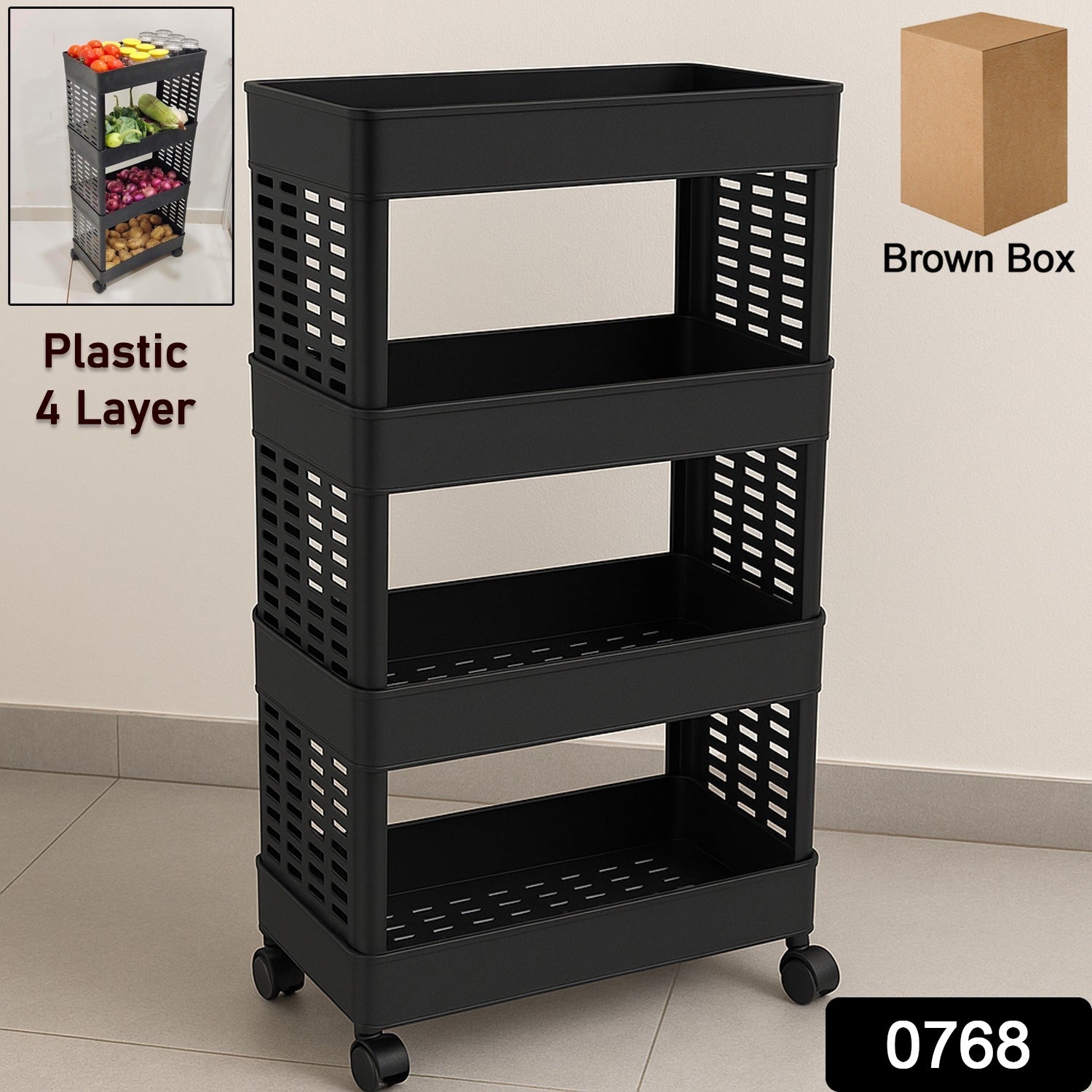 4-layer plastic storage rack with wheels in matte black