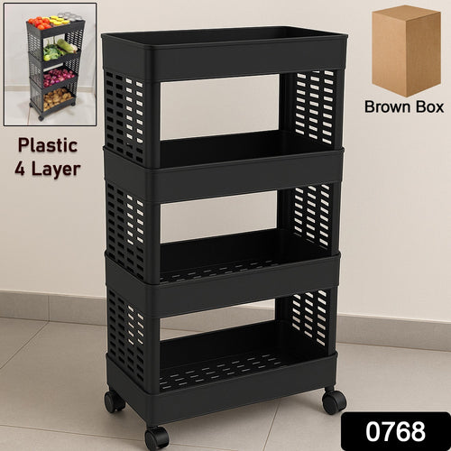 4-layer plastic storage rack with wheels in matte black