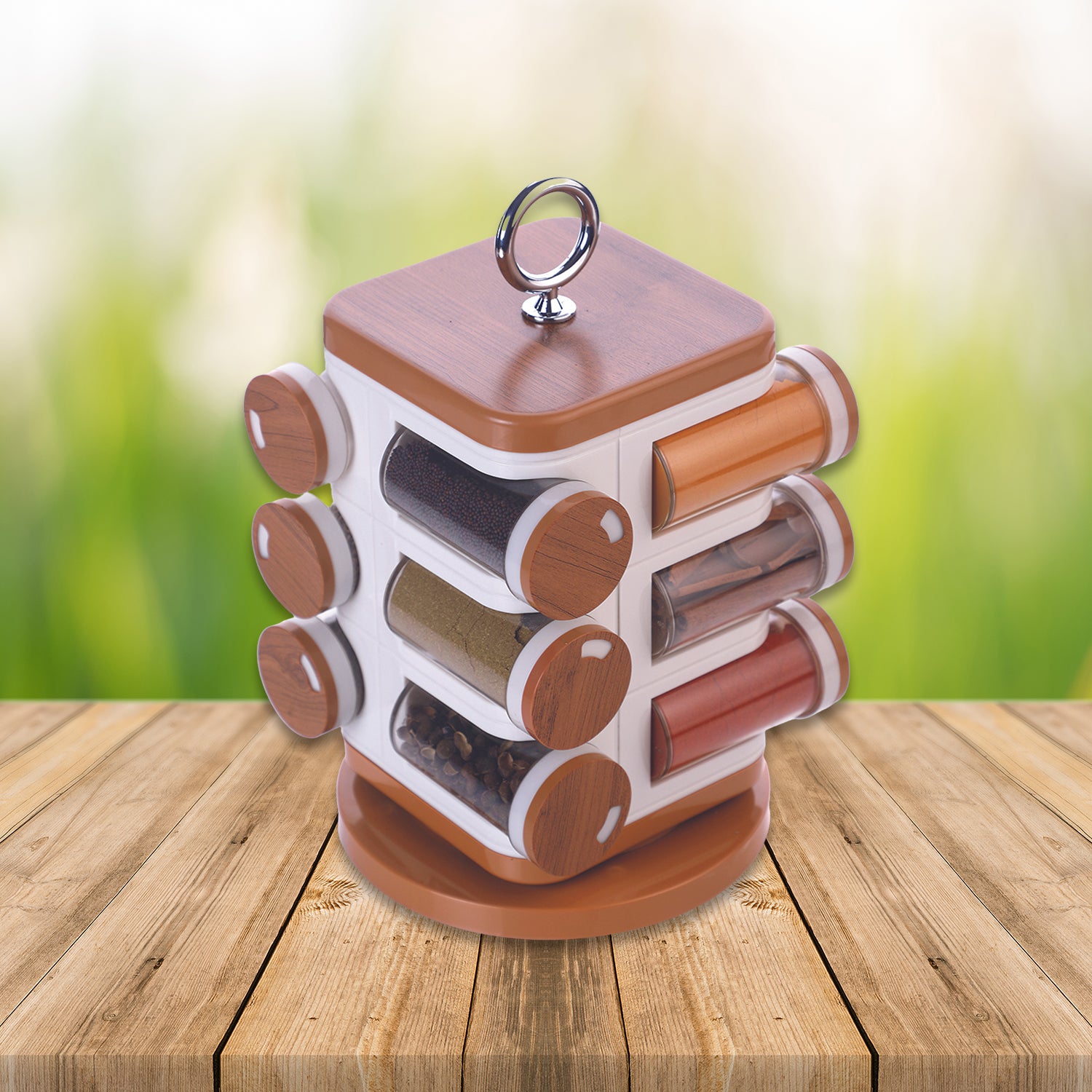 Spice rack rotating base demonstrating easy access to every jar