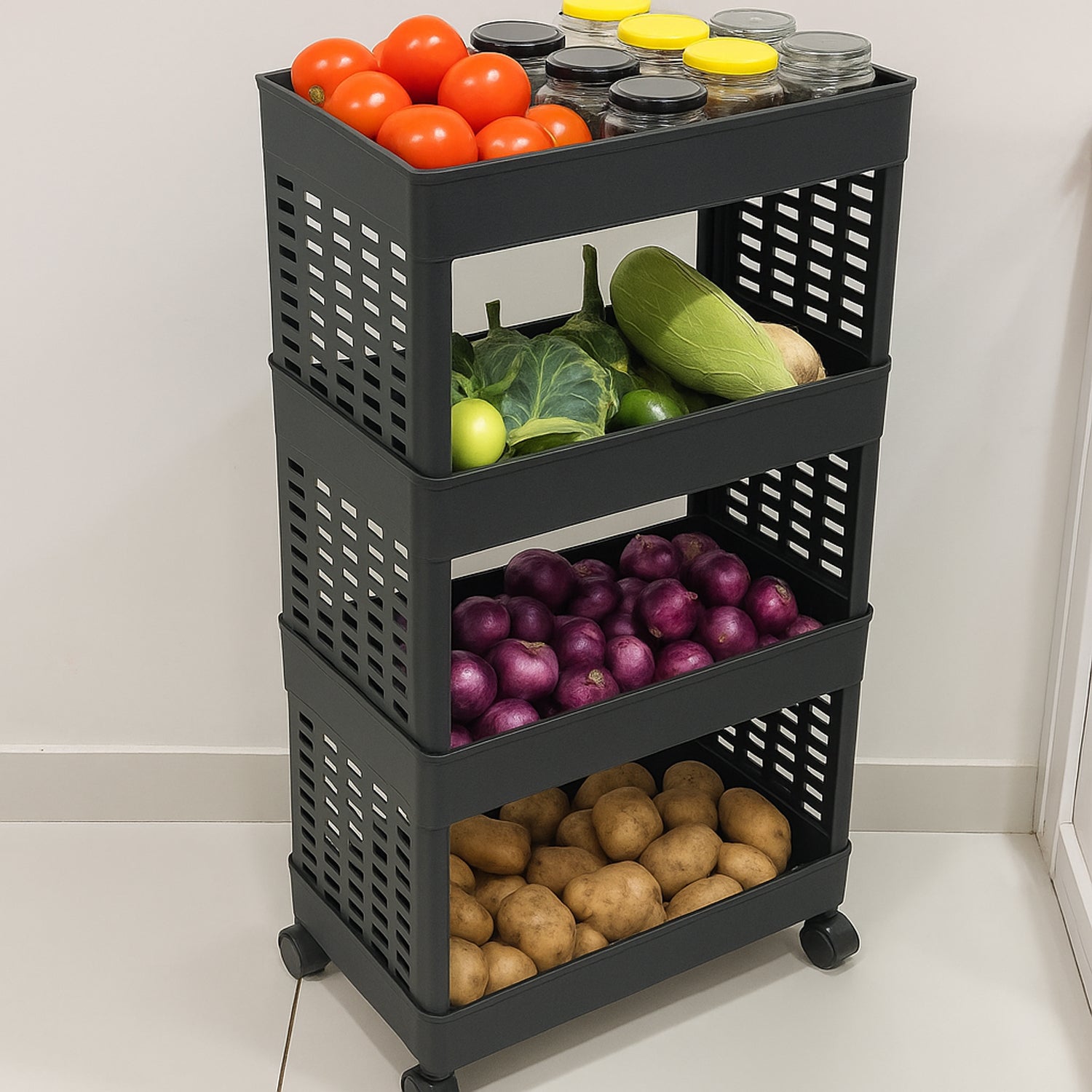 Storage rack holding vegetables and kitchen supplies across four tiers