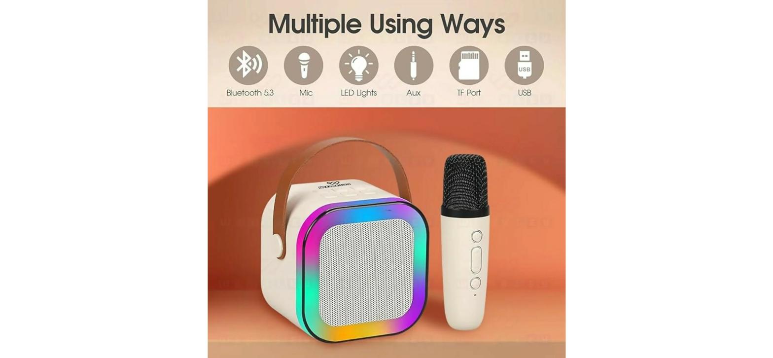 Portable Wireless Karaoke Speaker – multiple connection options: Bluetooth 5.3, Mic, LED, Aux, TF Port, USB
