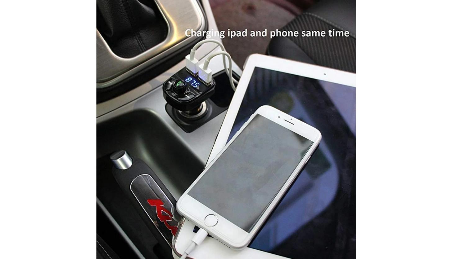Wireless Car Charger in use – charging a tablet and phone simultaneously via dual USB ports