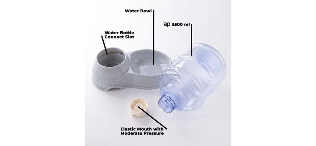 Automatic Pet Water & Food Dispenser – parts diagram showing water bowl, bottle connect slot, and 3500ml bottle