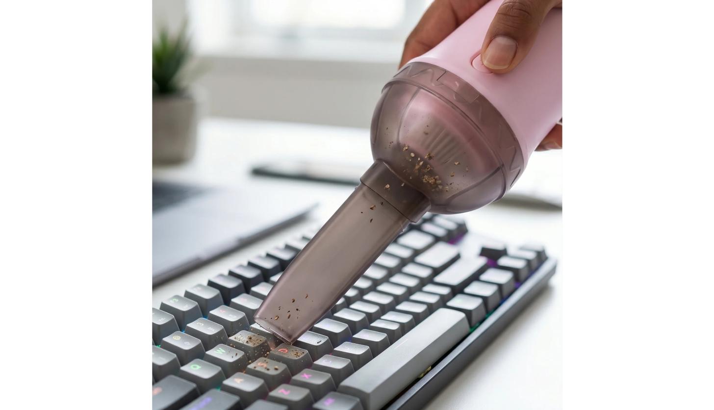 Mini Handheld Vacuum Cleaner in use – cleaning dust and crumbs from a keyboard