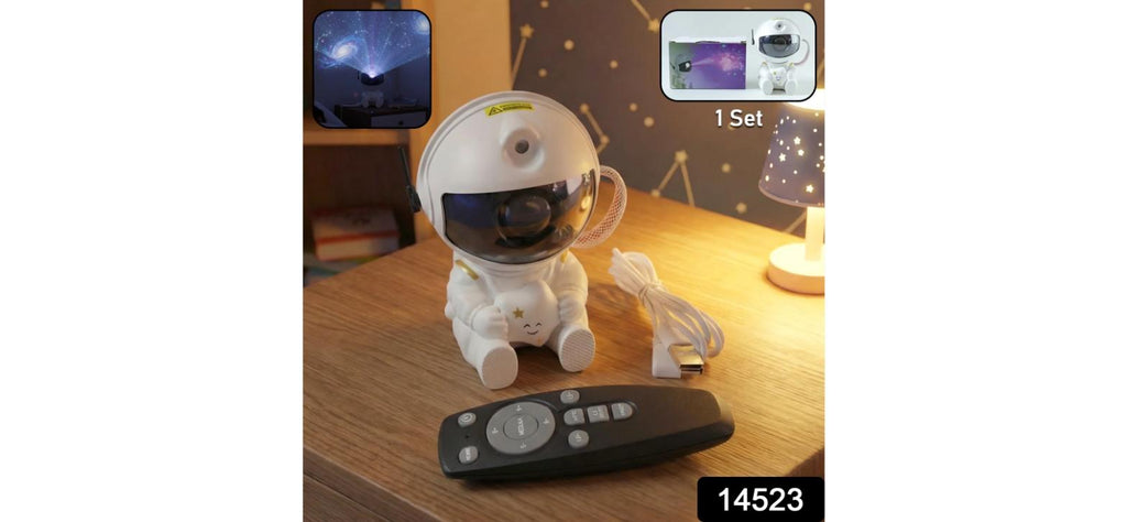 Astronaut Galaxy Star Projector Night Lamp with Remote – hero shot with USB cable and remote