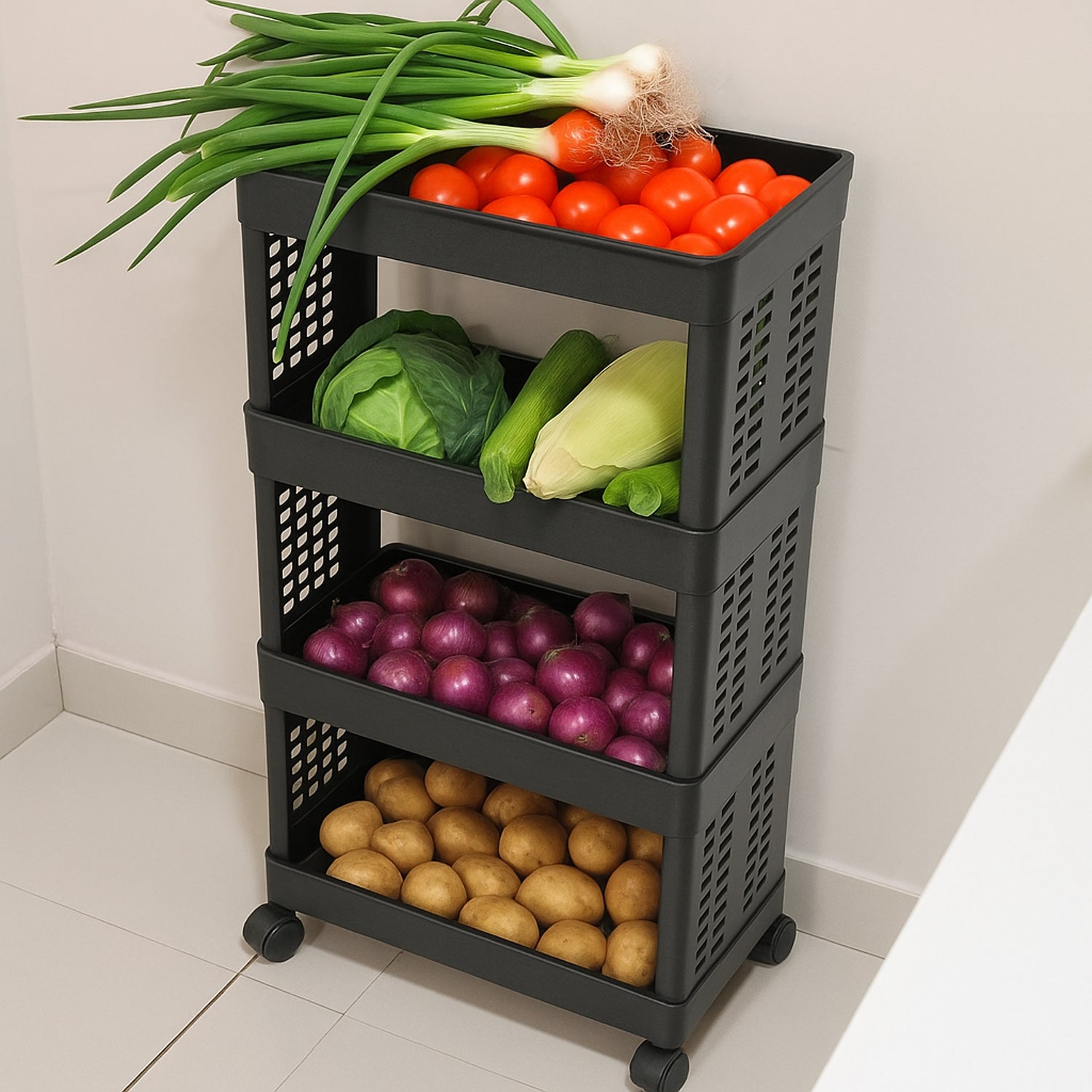 Caster wheels on the base of the rolling storage rack